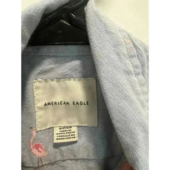 American Eagle Short Sleeve ButtonUp Flamingo Shirt Sz S Blue Pink Cotton (0189) - Picture 4 of 8